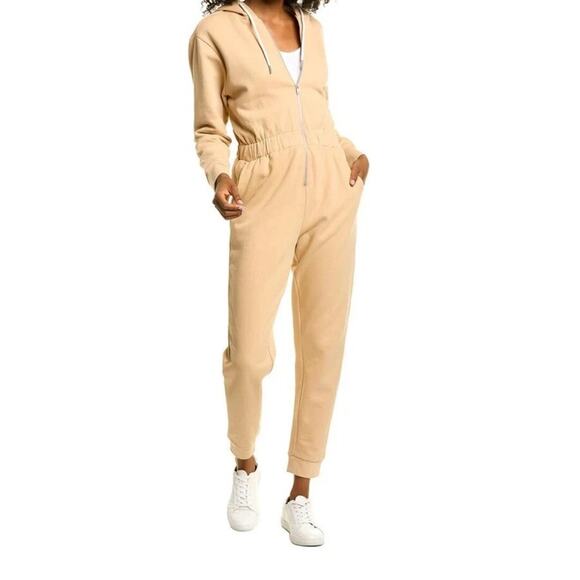 WeWoreWhat Tan Leisure Suit Hooded Fleece Zip-up Relaxed Jumpsuit, size S - Picture 1 of 6